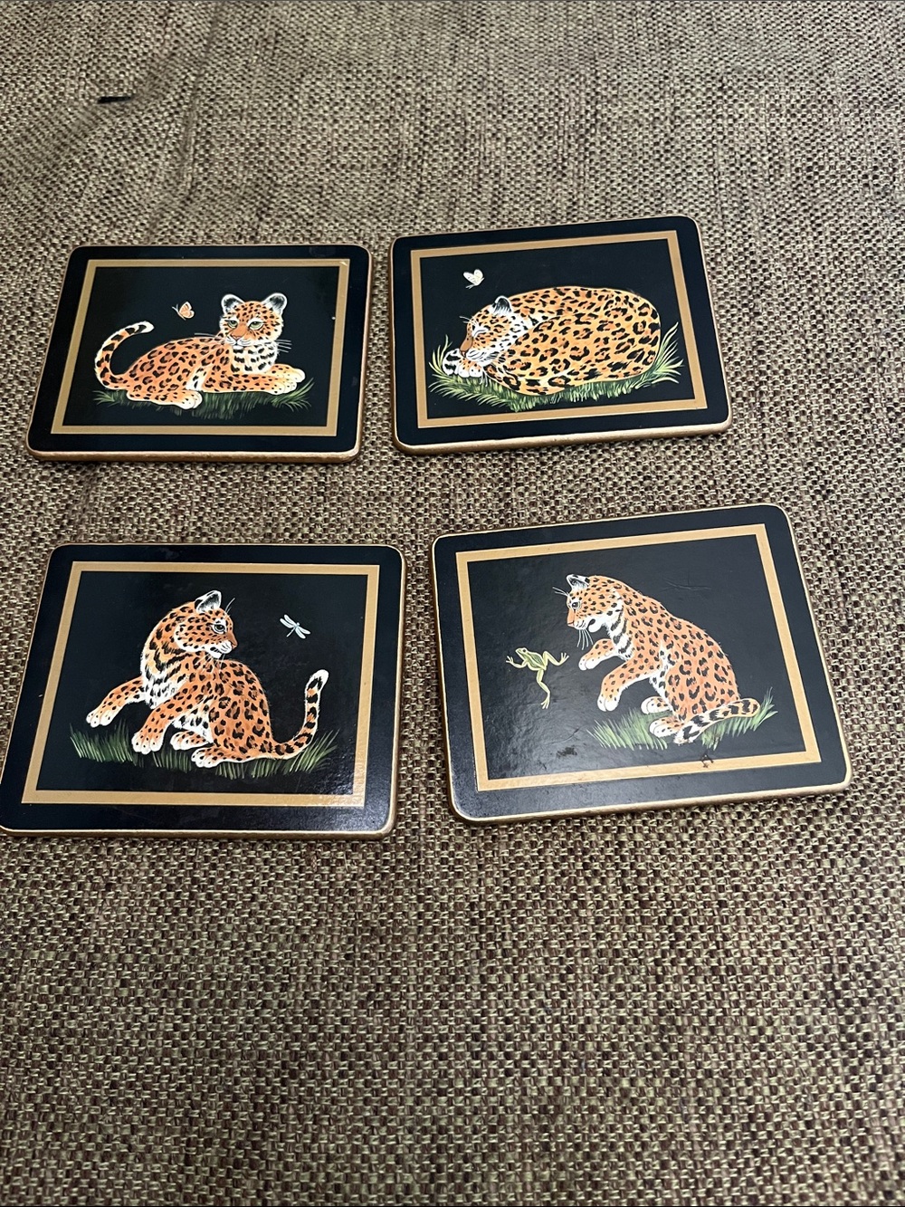Set of 4 Vintage Leopard Coasters - Black & Gold